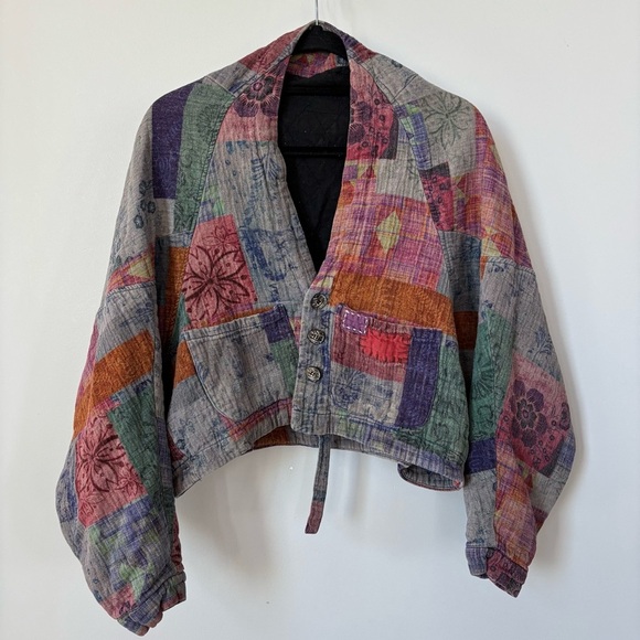 Linen Patchwork Button Front Jacket Size L - Picture 1 of 9